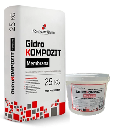 Двухкомпонентная эластичная обмазочная гидроизоляция, GidroKompozit Membrana, комплект 33 кг